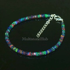 Natural Ethiopian Black Opal Smooth Rondelle Beaded Gemstone Bracelet 7 Inches