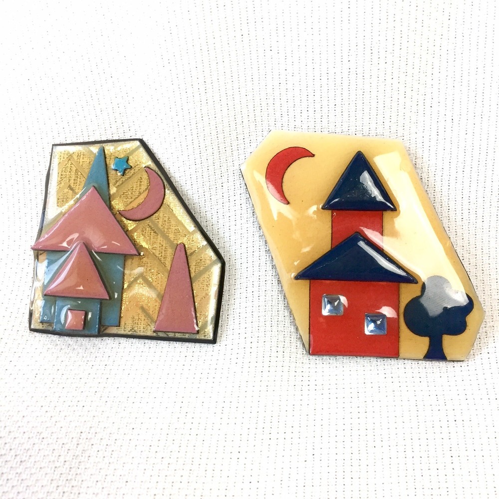 2 Vtg House Pins By Lucinda Moon Star House Trees Brooch Resin Mixed Materials