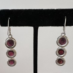 Artisan Made 3 Stone Rhodolite Garnet Sterling Silver Dangle/Drop Earrings