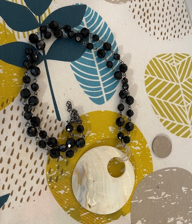 White Mother of pearl necklace shell black beaded acrylic 30 in hand made