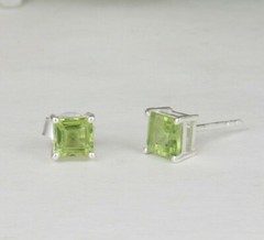 Princess Cut Peridot Stud 925 Sterling Silver Gemstone Earrings For Girls