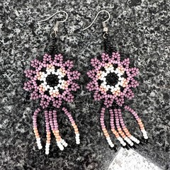 Handmade Mandala Seed Bead Dangle Earrings Purple Black White Peach Boho 2.75″