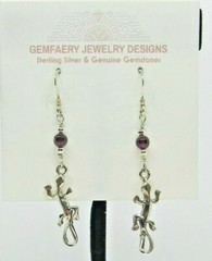 Sterling Silver Gecko Dangle Earrings w/ GARNET Dangle Earrings….Handmade USA