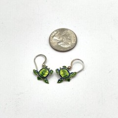 Artisan Made Enamel Green Turtle Sterling Silver .925 Dangle Pierced Earrings