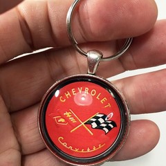 Vintage Old School 1950’s Corvette Racing Flags Logo Emblem Red Keychain