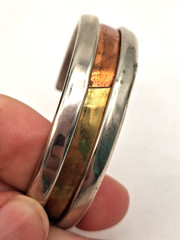 Vintage Copper Brass Silver 1/2″ Cuff Bracelet Signed JJ 2005 Modernist Artisan