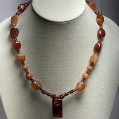 Artisan Carnelian Agate Statement Necklace 20″ Chunky Bead Boho Pendant