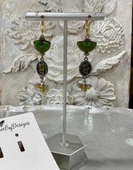 Boho Whimsical Green Czech Glass Bee Charm Romantic OOAK Dangle Earrings Gift
