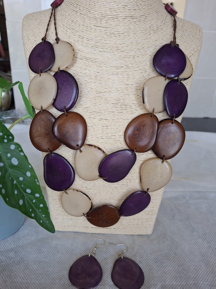 Handcrafted Tagua Nut Set Necklace, Earrings, 2 Strands, Multicolor, Ecuador