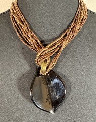 Art Glass Pendant Necklace. Teardroped Shaped Pendant. 9 Strands Of Bronze Beads