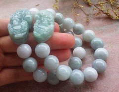 Certified Green Grade A Jadeite Beads Bangle Dragon Pi Xiu Bracelet 8“ 13mm