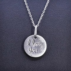 18”, vintage sterling silver 925 circle chain necklace tag pendant “I love you”
