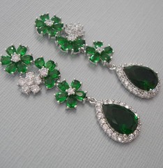 Elegant Green Flower Drop Earrings with Emerald CZ Teardrops.