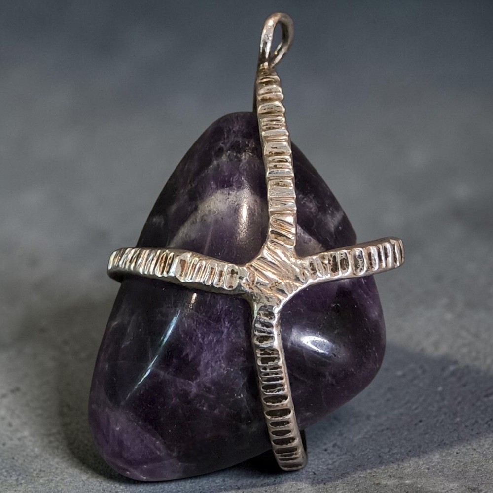 Vintage Artisan Amethyst Nugget Pendant Silver Tone Handmade Gemstone 2″