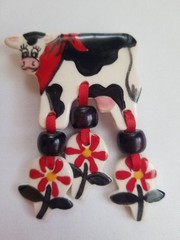 Cottage Core Adorable Ceramic Cow Brooch with Red Flowers Tassels Handmade