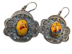 Mosaic Jasper Gemstone Earrings Handmade Ornate Silver-tone Jewelry 1.5″ X 1.5″