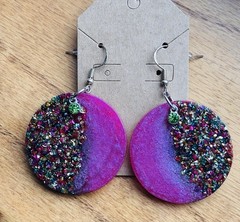 Handmade Pink Resin Circle Earrings Multicolor Crushed Glitter Statement Dangle