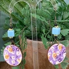 Adorned Crown vintage fabric wood disc bead earrings Purple blue
