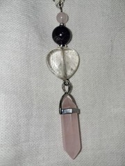 Genuine ROSE QUARTZ DT Crystal & Amethyst Beads CLEAR QUARTZ HEART Pendant Wicca