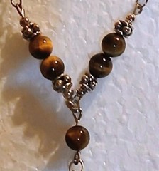 Vintage Tigereye Wood Bead Graphic Feldspar Teardrop Silver Metal Lobster Clasp