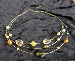 3 Strands of Glass, Stone and Plastic Beads Necklace. Brass Tone Wire 19″