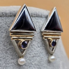 Vintage 14k Yellow Gold Sterling Silver 925 Genuine Pearl Gemstone Earrings
