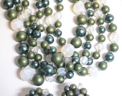 Vintage 5 Strand Avocado & Opalescent Bead Necklace & Clip Earrings-Japan