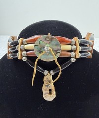 Native American Style Choker Necklace Hair Pipe Bead Carved Stone Wolf Pendant