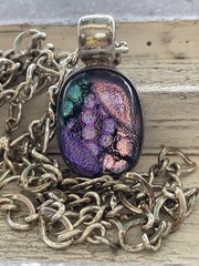 Mexico Sterling Silver Dichroic Glass Domed Pendant. 925 Chain. Iridescent