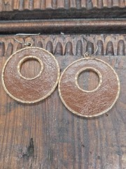 Barse Signed Juxtapose Loop Hoop Dangle Drop Earrings – Copper & Brown Leather