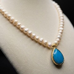 Freshwater Pearl and Blue Amazonite Necklace, Handmade Natural Stone Statement