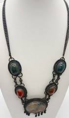 Artisan Mixed Stone Statement Necklace Large Cabochons Oxidized Silver Tone Boho