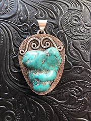 Blue Turquoise Howlite Nugget Pendant Ornate Swirl Bezel 2″ Artisan