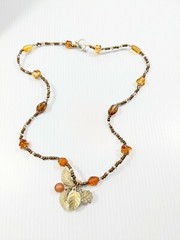 Artisan Silver Tone Brown Amber Color Glass Bead Leaf Pendant 20.5 Inch Necklace
