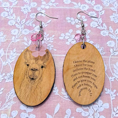 Hardwood, handcrafted, engraved Llama, oval dangle earrings,hypoallergenic
