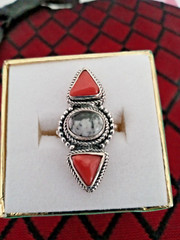 Artisan Crafted White Buffalo and Mediterranean Coral Ring in Sterling Sz 6