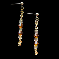 Brown & Clear Crystals, Silver Tone Chainmaille Earrings, 2.25 in.