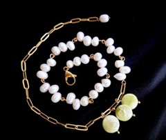white green coin oval freshwater pearl chain choker neckace «Game changer»