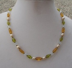Handmade Necklace of Yellow, Green and Clear Glass Beads with Ivory Bumpy Pearls