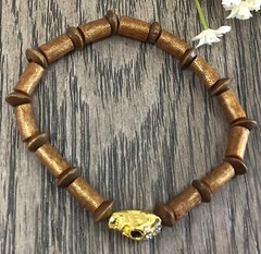 Coral and wood beaded bracelet with skull pendant healing gemstone for women