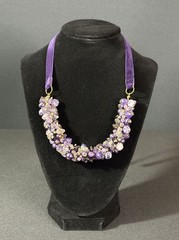 Purple Amethyst Stone & Beaded Cluster Necklace Velvet Ribbon Tie Handcrafted