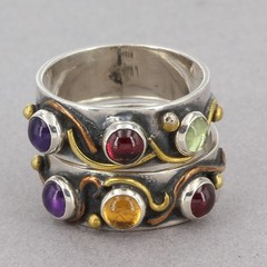 2 Handcrafted L. Leigh Linton Sterling Mixed Metal Gemstone Cabochon Rings 4.75+