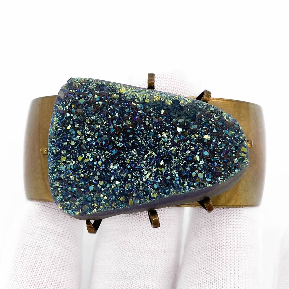 Vintage Jan Michaels San Francisco Green Blue Druzy Bronze Quartz Cuff Bracelet