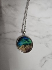 Handcrafted Silver Plated Round Pendant Necklace Blue Green Brown Art