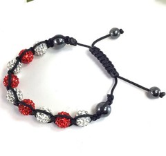 Women Gift Red & White Rhinestone Ball and Hematite Bead Macrame Bracelet 7-10″
