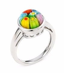 ALAN K. MULTICOLOR MURANO GLASS 10MM ROUND CABOCHON & STERLING SILVER RING, SZ 6