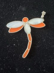 Enamel Silver Inlay Gemstone Silver Pendant Reversible Dragonfly Orange White