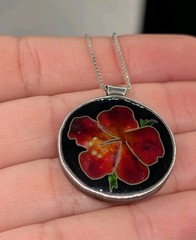 Cloisonne Enamel Sterling Silver Hawaii Hibiscus Flower Signed Pendant Necklace