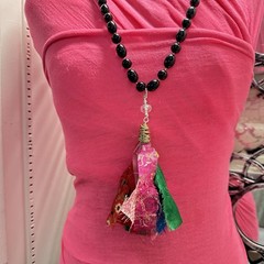 Handmade Sari Silk Tassel Necklace Black Knotted Beads Boho 0749 G