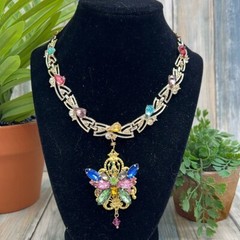 Adorned Crown Jewelry Assemblage rhinestone butterfly on gold filigree necklace